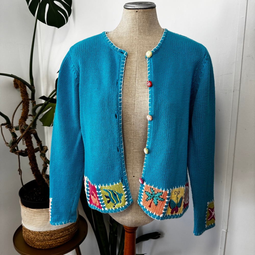 Curio Cardigan Women Medium Turquoise Tropical Nautical Embroidered‎ Vintage 90s